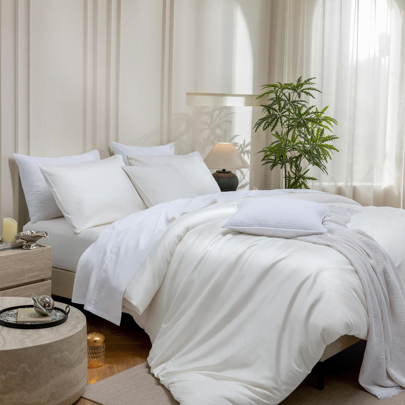 Ensemble de housse de couette MooMee, Housse de couette grand et 2 taies d'oreiller stan, Blanc brillant