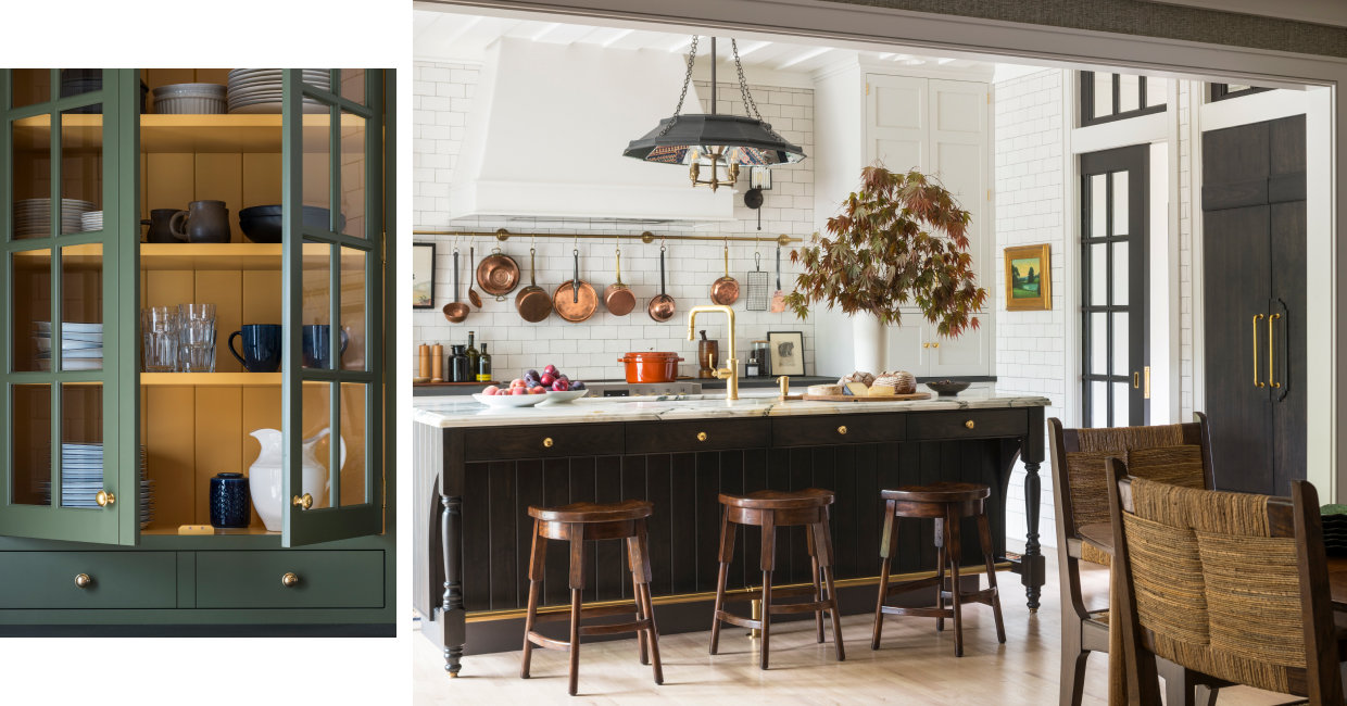 The kitchen’s sage upper cabinetry showcases a harvest gold interior, a paint color from Robertson’s