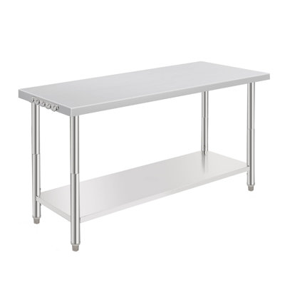 Table de travail 60 x 24 x 35 po en acier inoxydable NSF avec roulettes - tablette inférieure réglable, support à déchets amovible, crochets à outils, bord droit, sans dosseret - pour la cuisine et la maison
