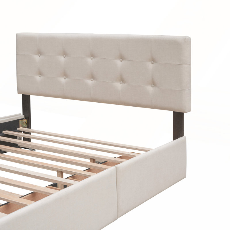 Élégant lit plateforme tapissier en lin avec tiroirs de rangement et lit gigogne simple TG, Beige
