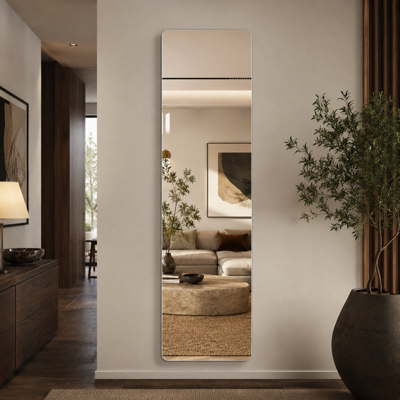 Miroir mural rectangulaire pleine longueur 59,2 x 16,2 pouces, verre argenté sans cuivre de 5 mm, dos incassable, design fin et arrondi, 3 options d'installation pour chambre, placard et entrée