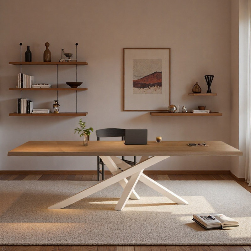 Table de bureau longue en bois massif de conception simple, Brun / Blanc, H 29,53 po x l 86,61 po x P 35,43 po