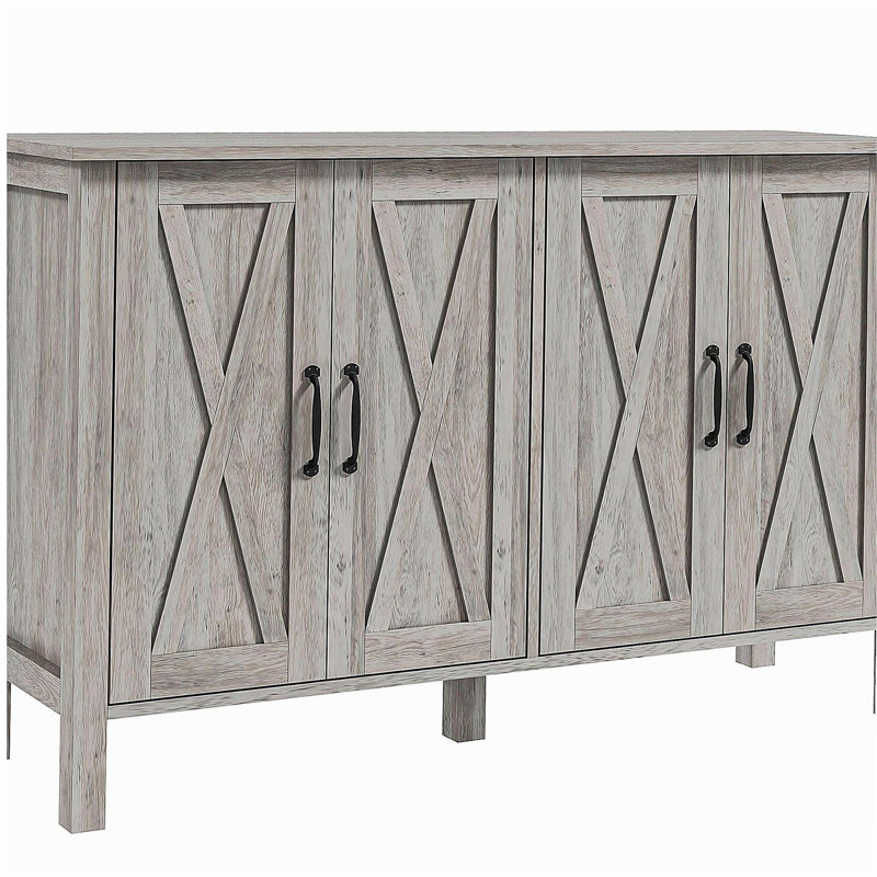 Dining sideboard, 47-inch sideboard with 4 barn doors and 2 adjustable shelves, farmhouse coffee bar cabinet, gray wood grain