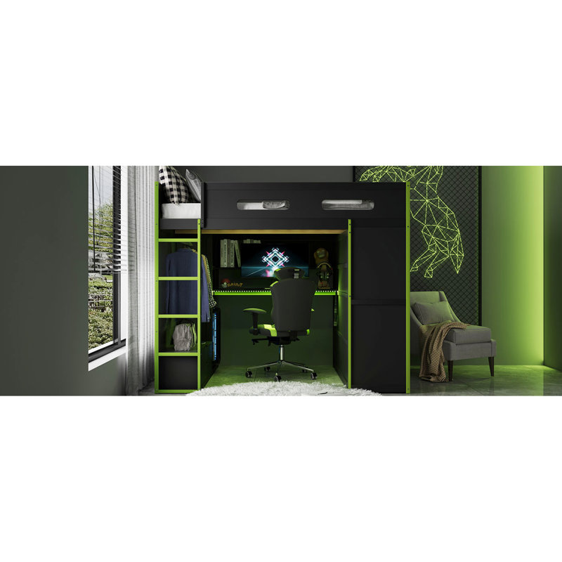 Lit mezzanine double avec station de jeu, station de charge, éclairage et tablettes au-dessus de l'espace de jeu, port, rangement pour garde-robe ouverte