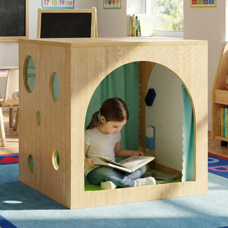 Cube de lecture 30 "avec tableau magnétique et lumière DEL, cube de coin lecture avec coussin en polyuréthane, entrées arquées avec rideaux
