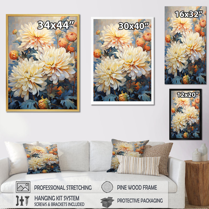 Chrysanthèmes blanc bleu mosaïque jardin I - impression, H 44 po x l 34 po x P 1,5 po, Cadre doré simple