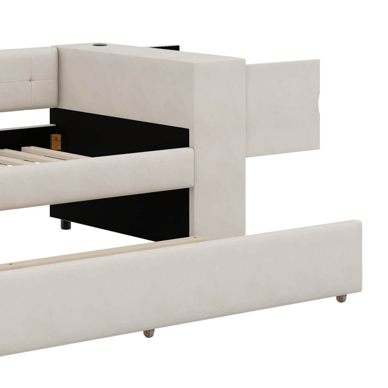 Lit simple tapissier avec rangement et lit gigogne simple, ports de chargement USB, Beige