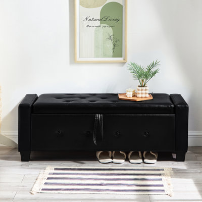 Banc rembourré de 48 po avec rangement, similicuir noir, idéal pour la chambre à coucher, le salon, le couloir, le rangement spacieux et le banc de rangement simple de 48 po à assemblage facile, revêtement facile à nettoyer