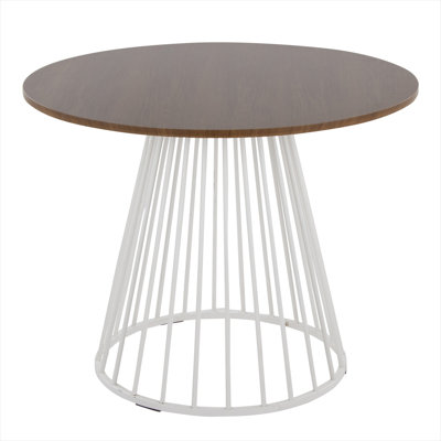 Round solid walnut wood dining table with white steel abstract base, seats four, rich brown finish, contemporary glam style
