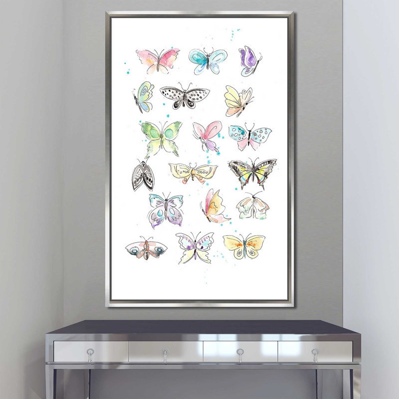 Motif de papillon par Patricia Pinto - Peinture, H 63,5 po x l 39,5 po x P 2 po, Cadre flottant argent
