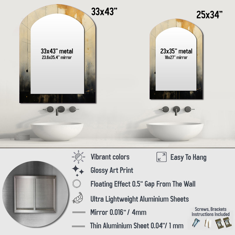 Experiencing Multi-Dimensionality Vintage Gold - Abstract Painting Arch Unique Wall Mirror, Modern Asymmetrical Mirror, Printed Metal Art