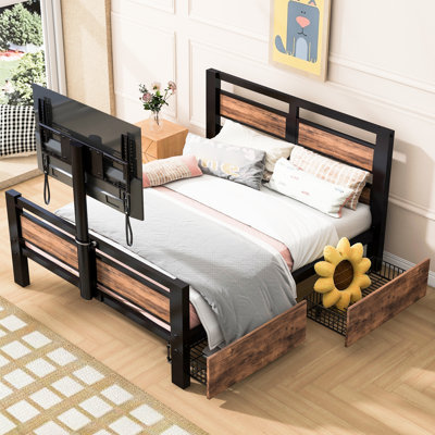 Lit simple en métal noir avec tête de lit et design, deux tiroirs de rangement pour les effets personnels, support de télévision rotatif au lit, support de matelas à 14 lattes, aucun sommier requis Noir, simple, pied de lit