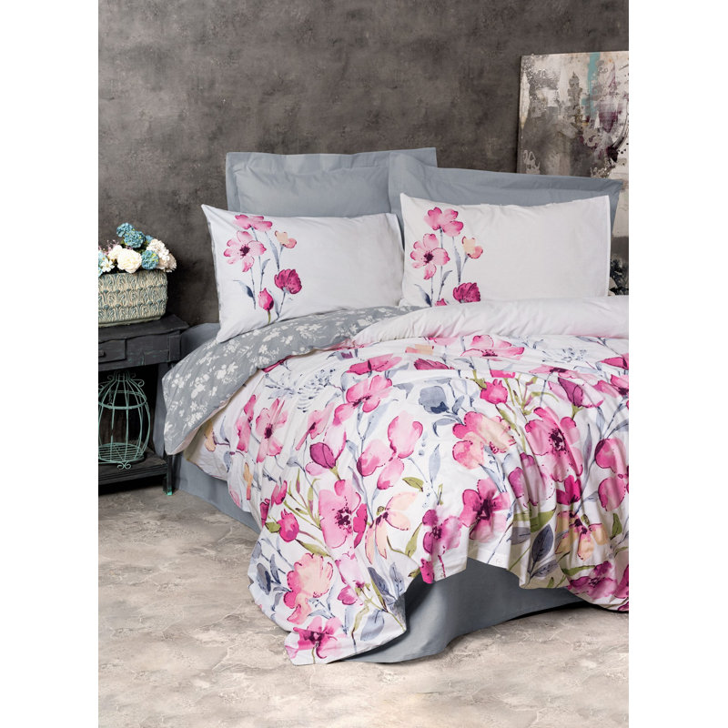 Soft 100% Cotton Ranforce Single Quilt Cover Set, Grey & White with Pink Accents, 55.1 x 78.7 inches | 145 Thread Count, Machine Washable | Envelope & Button Closure, Stylish & Comfortable Bedding for Any Room