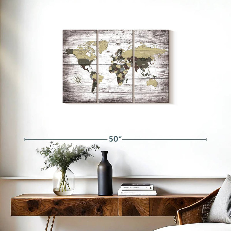 «Aged World Map XXX III», ensemble de 3 reproductions sur toiles par Jorge S, H 20 po x l 33 po x P 1,25 po