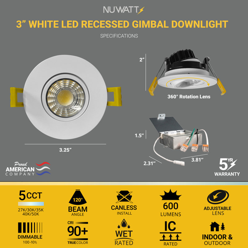 3'' Selectable Color Temperature Dimmable Air-Tight IC Rated LED Canless Recessed Lighting Kit
