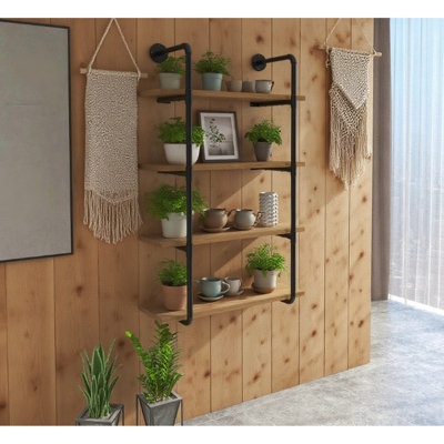 Tablette flottante industrielle à fixation murale pour chambre à coucher, cuisine et table de salle à manger. Tablettes ouvertes, photos encadrées, plantes, étagères brun rustique avec un look bicolore peu encombrant. Livres de rangement à plusieurs niveaux,