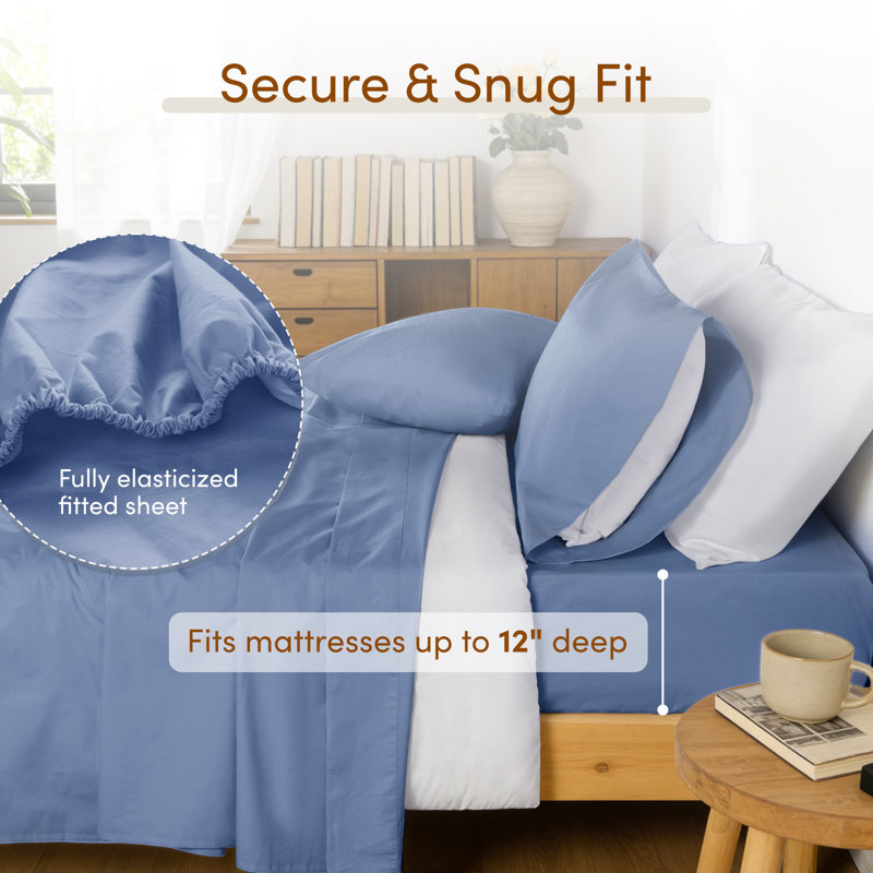 100% Cotton 250 TC Percale Crisp & Breathable Sheet Set With Pillowcase(S), Twin Sheet Set with 1 Pillowcase, Stormy Blue