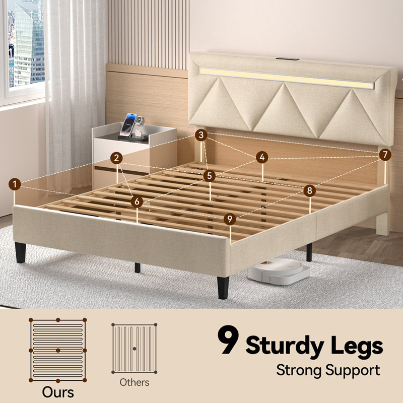 King Bed Frame with Charging Station & LED Lights,Noise Free,Beige, King