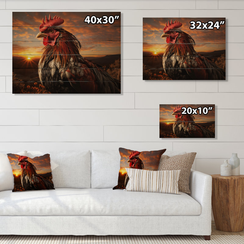 «Brelin Rooster Potrait At Dawns Landscape», impression sur bois, H 30 po x l 40 po x P 0,78 po