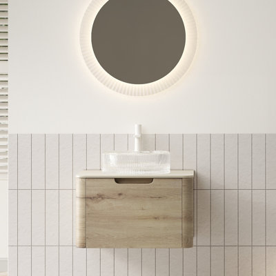 Meuble-lavabo de 24 po avec lavabo, armoire de rangement en contreplaqué flottant avec tiroir, lavabo rond en verre transparent et plateau en pierre frittée à motif de travertin Roma