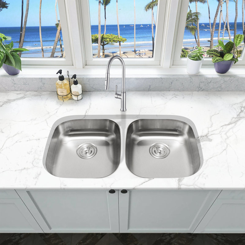 KBFmore Bowl Stainless Steel Kitchen Sink with Accessories, 32"L x 18"W x 5.5"H - Double Bowl, 3 Piece