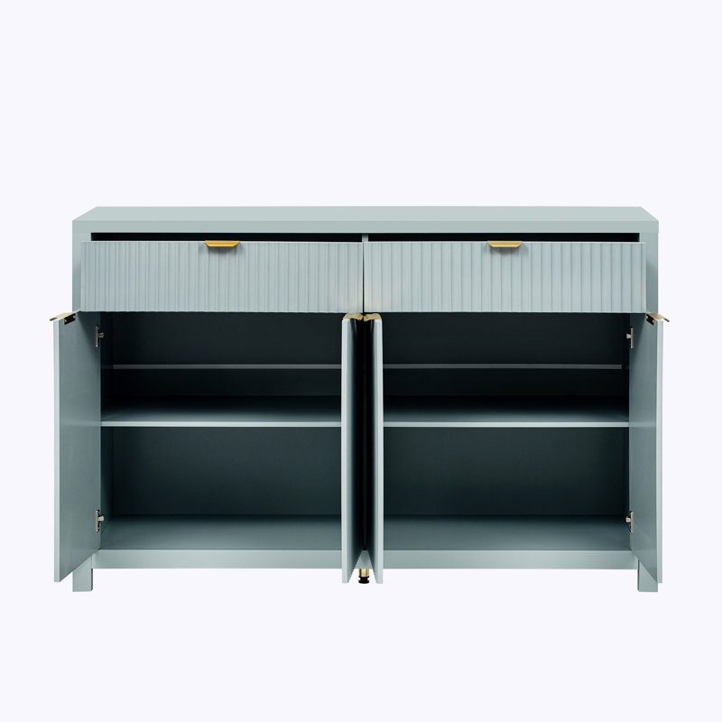 Wave-Pattern Sideboard Cabinet with 2 Drawers, 4 Doors, Adjustable Shelves and Aluminum Arc Handles, Cyan