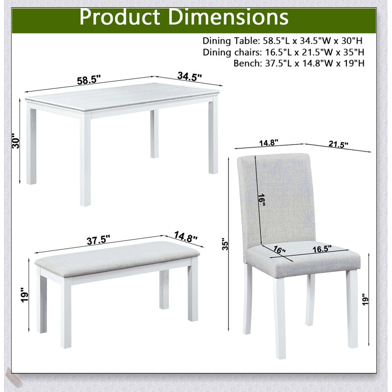 Ensemble de table de salle à manger 6 pièces en bois avec 4 chaises rembourrées et banc, table rectangulaire avec décoration en cristal pour une salle à manger élégante