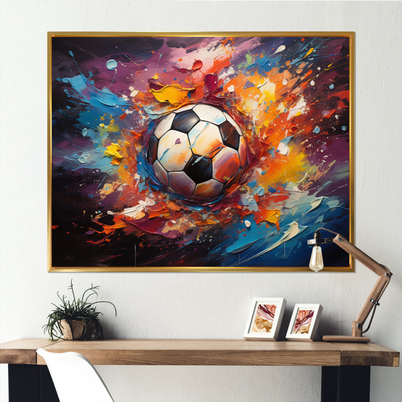 Ballon de soccer Kaléidoscope II - art mural soccer, H 12 po x l 20 po x P 1 po, Cadre flottant doré