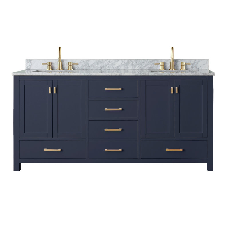 Meuble-lavabo double 72 po avec plateau Souther, Marbre blanc de Carrare, Bleu marine