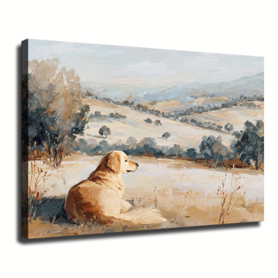 Golden Retriever Overlooking Rolling Country Hills Oil Painting, Large Gallery Wrapped Canvas Wall Art Print For Living Room Bedroom