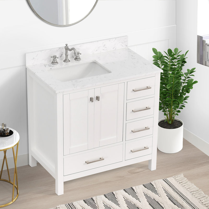 Zenith 36'' Single Bathroom Vanity With Engineered Stone Top, White, Brushed Nickel