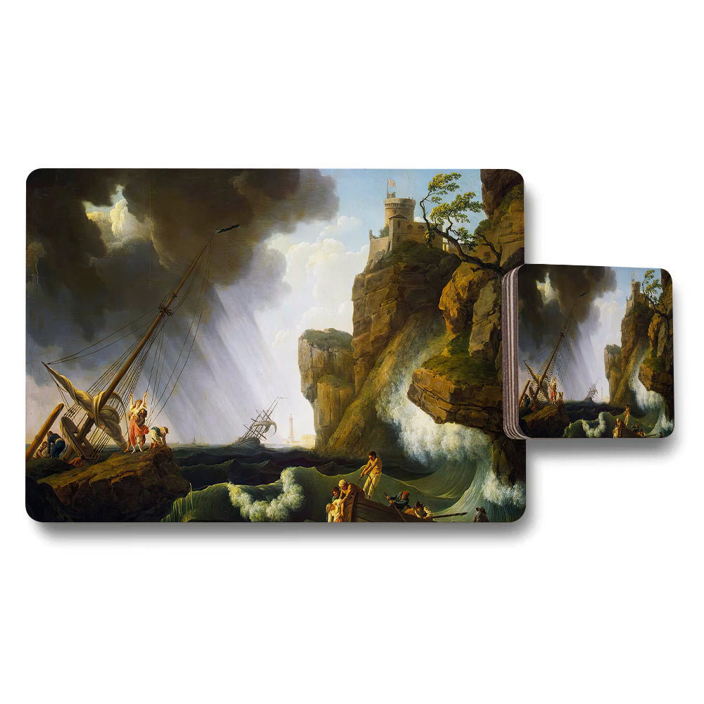 Seascape Placemat And Coaster Set With Cliffside Castle Artwork