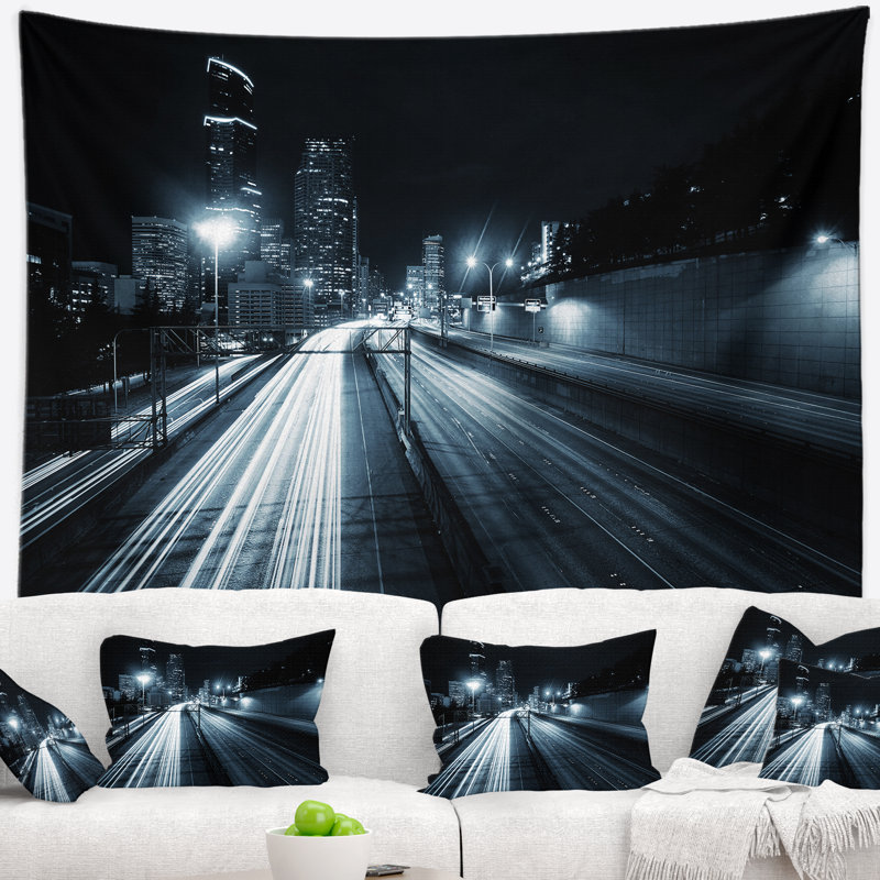 Tapisserie de cityscape de polyester illuminé par le centre-ville seattle avec accessoires suspendu inclus, H 32 po x l 39 po