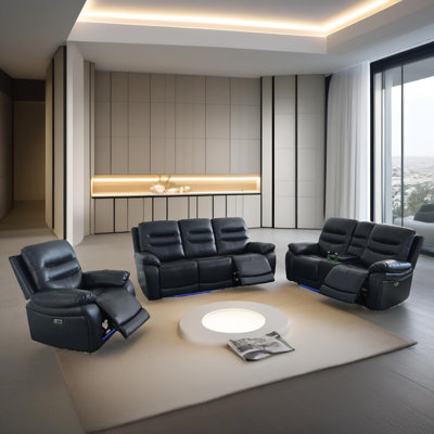 Eden Power Faux Breathing Leather 3-Piece Living Room Sofa Set With Led