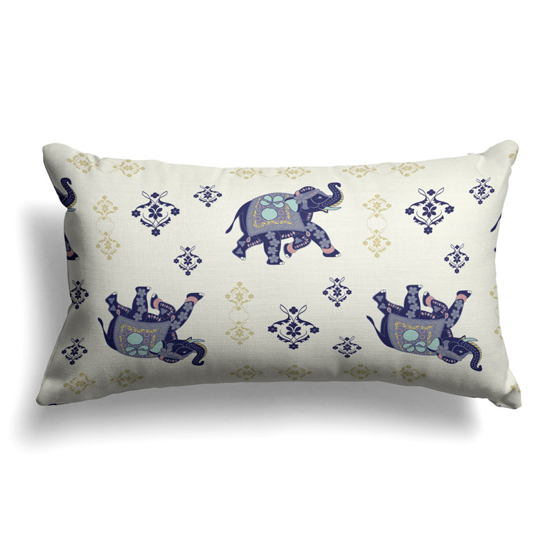 MughalElephant  Rectangular Throw Pillow, Blue/Ivory/Gray