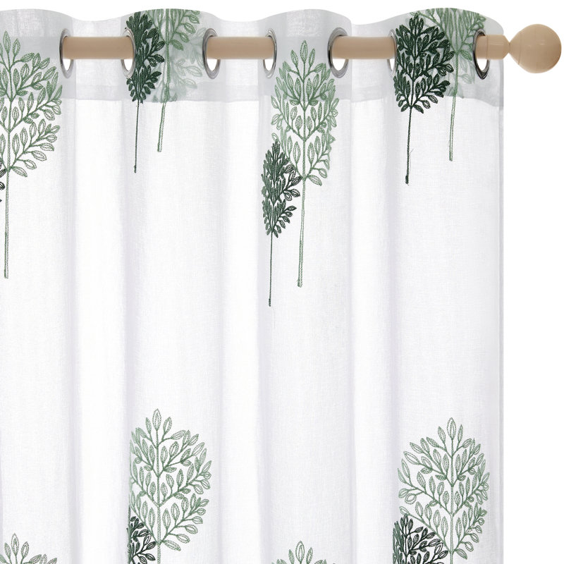 Tree Embroidered Light Filtering Sheer Curtains (Set of 2), 52" W x 84" L, Green