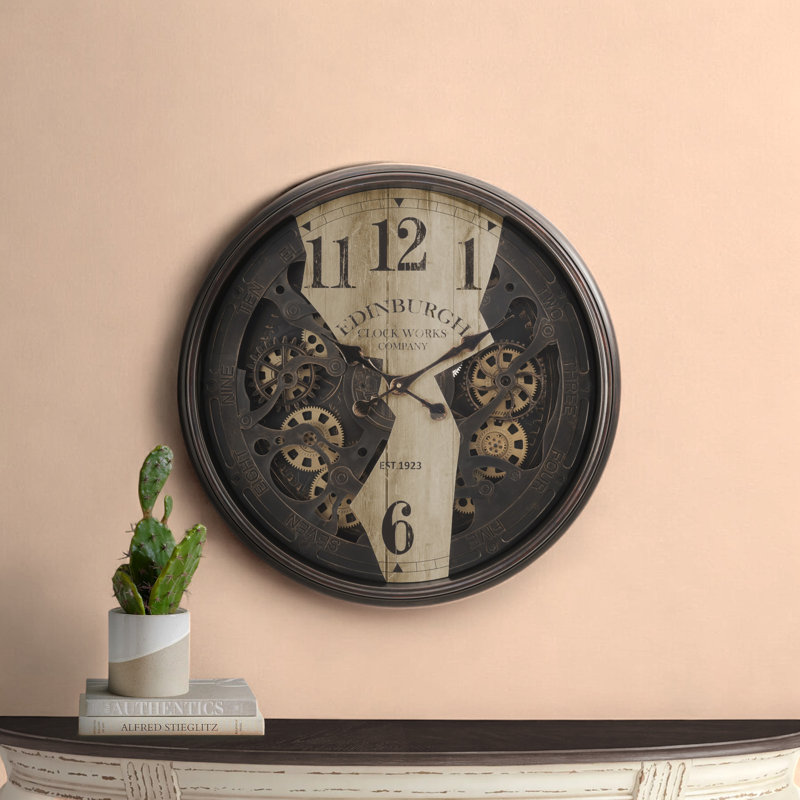 Horloge, horloge murale ronde 30 po, mécanisme d'engrenage, brun, transitionnel