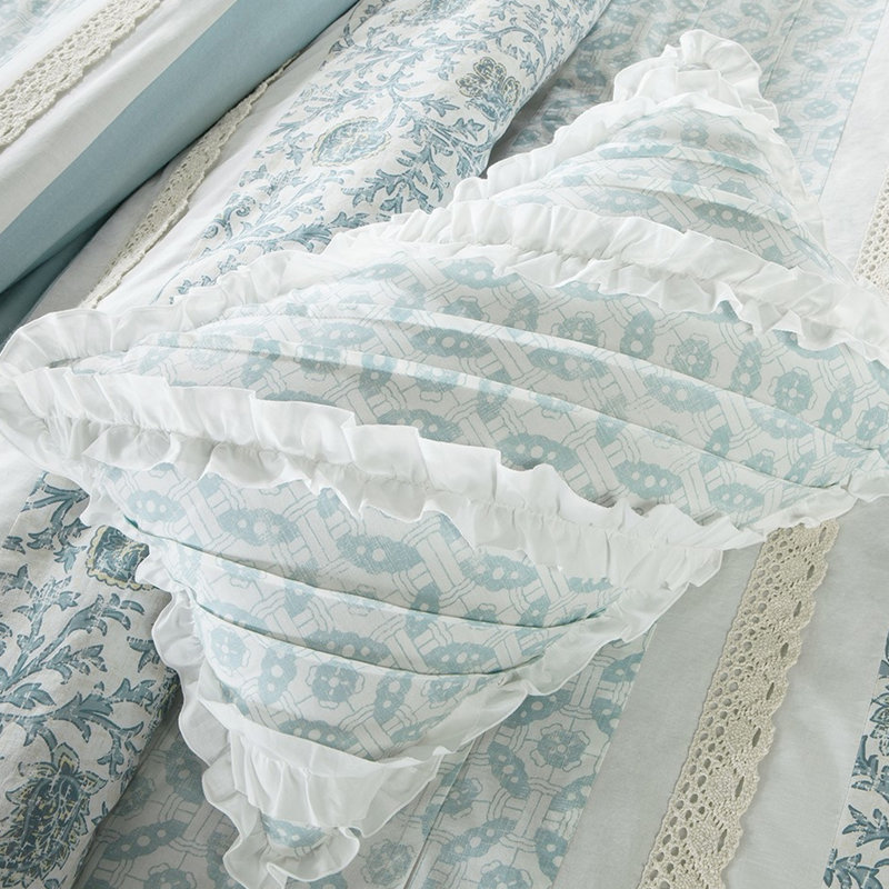 Literie 9 pièces en coton King - Style shabby chic avec détails et imprimés, 2 taies d'oreiller, housse de couette, taies d'oreiller carrées élégantes, 3 coussins décoratifs.