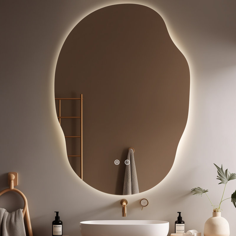 Asymmetrical LED Backlit Frameless Mirror with Anti-Fog, 3 Color Dimmable Light, 25"x35"