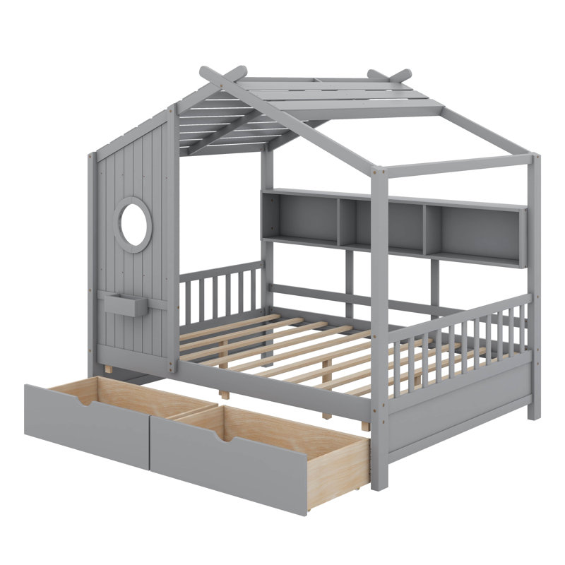 Lit en bois avec tiroirs, Lit double, Gris