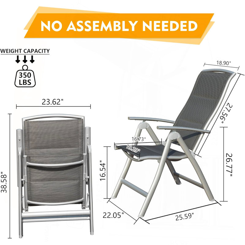 Patio Folding Chairs Set Of 2, Aluminium Frame Outdoor Reclining Patio Chairs For Garden Camping Poolside Beach Deck, Adjustable High Back Lawn Chairs With Soft Cotton-Padded Seat, Dark Gray