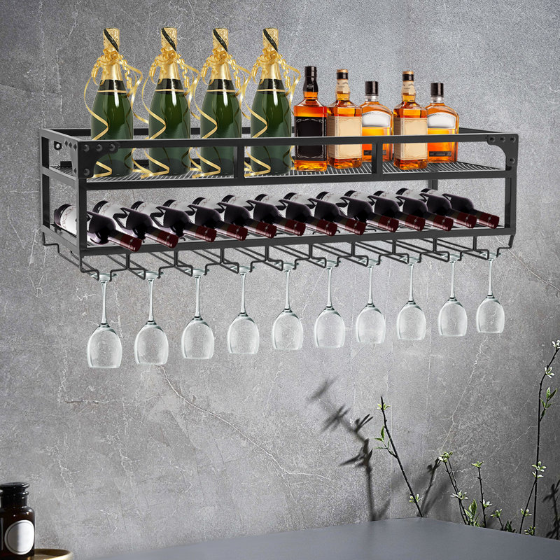 Support à vin industriel avec porte-verre, Noir, noir, noir, noir