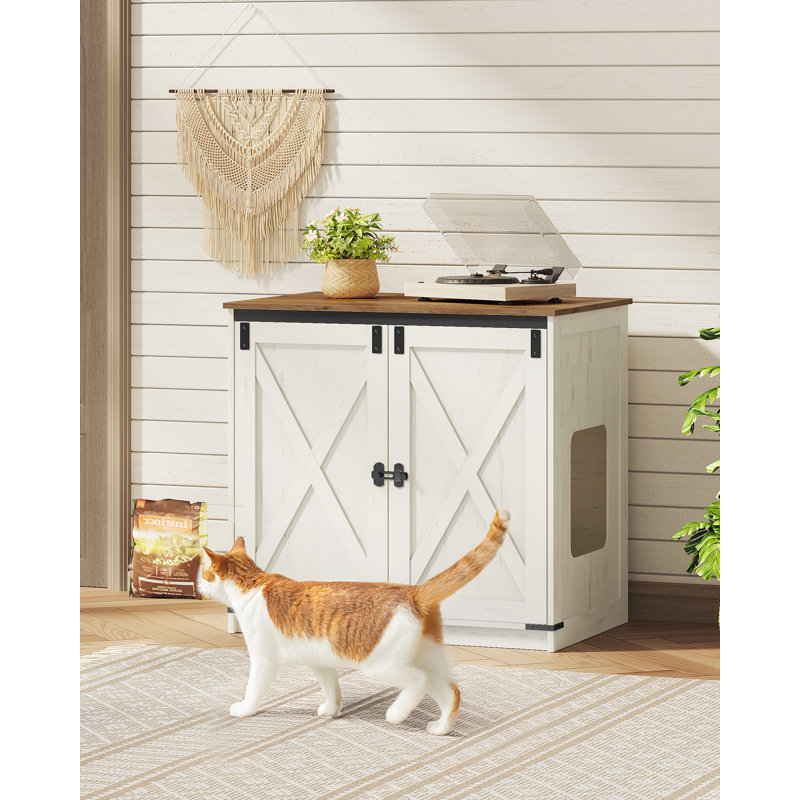 Enceinte de litière pour chat fermée et cachée, grande maison pour chat en bois avec tablette réglable pour bac à litière, brun rustique et blanc