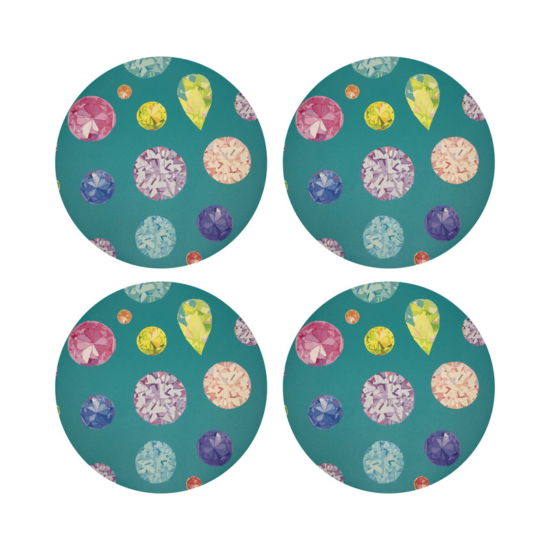 Jewel White Vegan Leather Round Coasters, Cyan