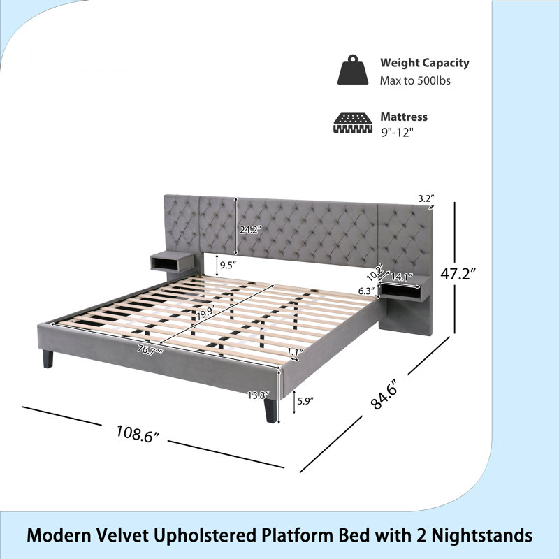 Lit plateforme avec tête de lit, lit plateforme tapissier moderne en velours avec 2 tables de chevet, Gris