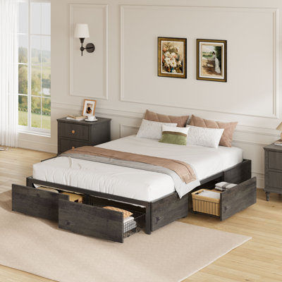 Queen Storage Platform Bed with Footboard and 4 Under Bed Drawers, Grey