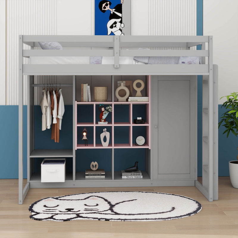 Twin Size Wood Loft Bed With Wardrobe & Shelves & Cabinet,, Gray/Pink