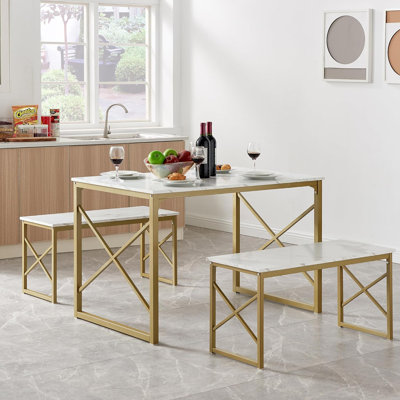 Ensemble de table de salle à manger avec bancs 3 pièces Gold - Cuisine, petit espace, maison de campagne