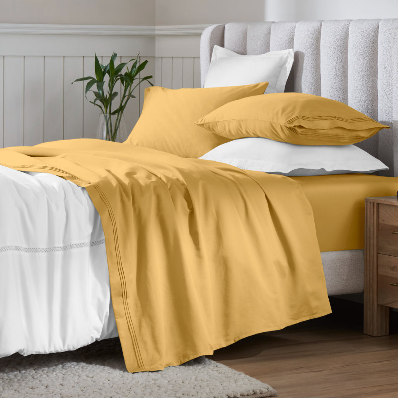 Egyptian Cotton Deep Pocket Solid 650 Thread Count Sheet Set, Gold, Olympic Queen