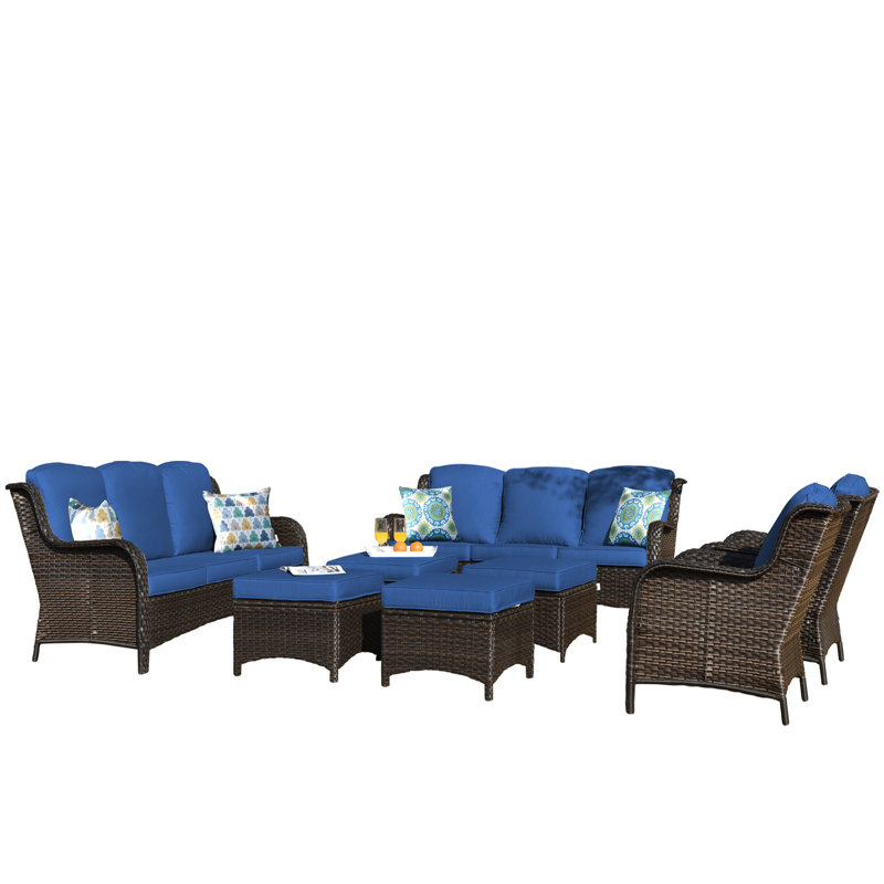 Lovall Premium All-Weather Wicker 8 - Person Patio Conversation Set with Cushions, Dark Blue